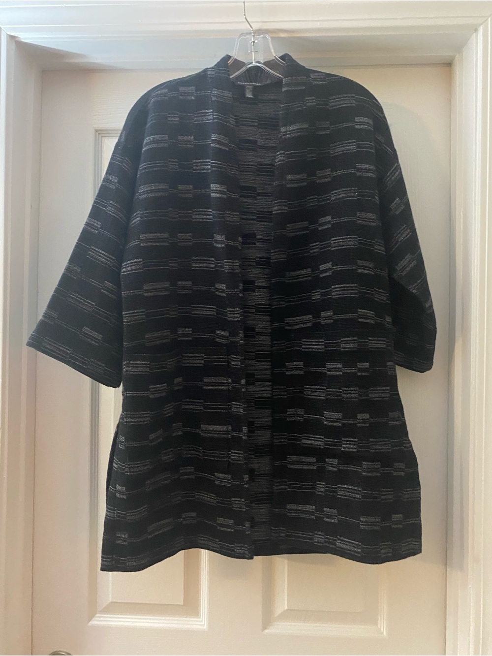 Eileen Fisher Black Patterned Open-Front Jacket with Pockets. XXS. Black/Gray